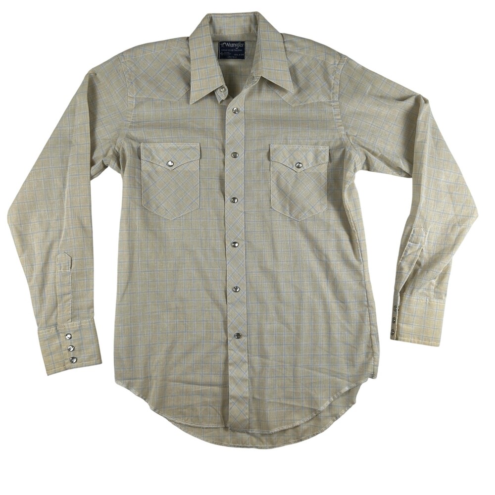 Vintage Wrangler Shirt Mens 15.5x34 Beige Check Western Pearl Snap USA 80s